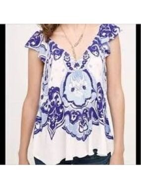 Anthropologie Maeve Blue White Clana Swing Blouse Top US 4
